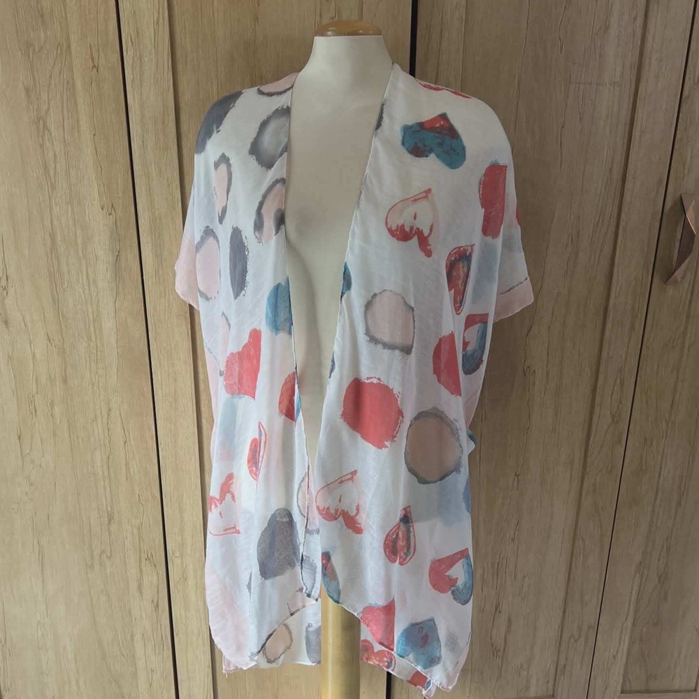 Grace Wins PS Heart Polka Dot Sheer Kimono Wrap White Red Blue One Size